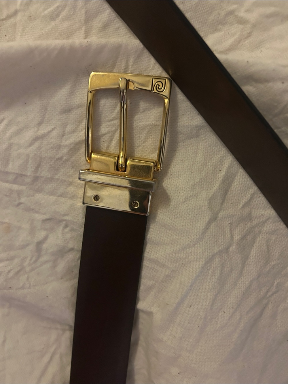 Vintage Italian leather belt gold buckle logo Reversible Brown/black old money